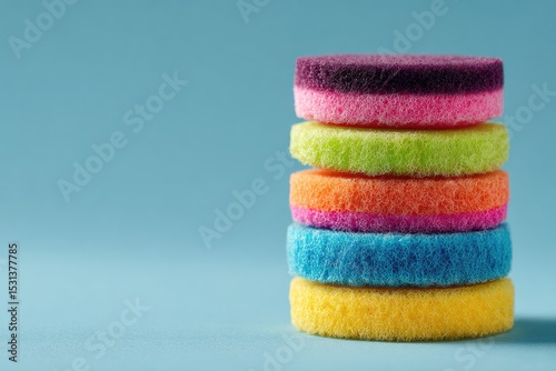Stack of colorful sponges against a light blue background