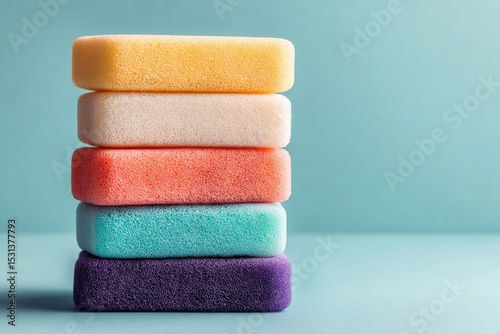 Stack of colorful rectangular sponges against a mint-blue background