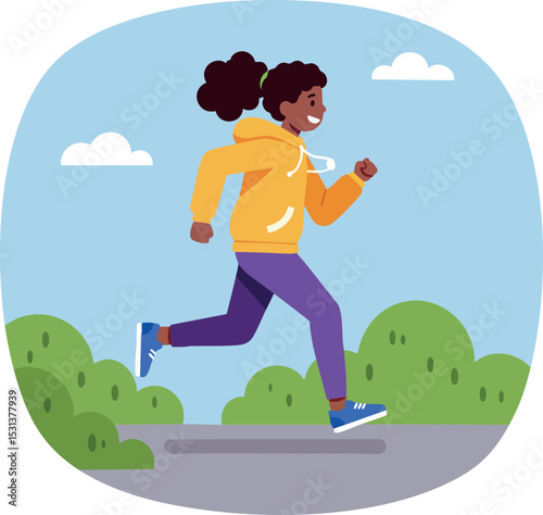 Woman running outdoors in yellow hoodie and purple pants healthy lifestyle exercise activity 
