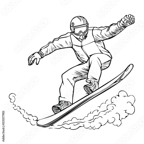 Snowboarder descending a slope, surrounded by flying snow