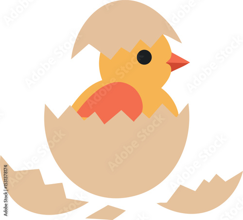 Cute yellow chick hatching from eggshell vector illustration with orange wing and beak 