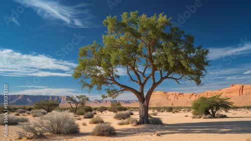 Desert Landscape with Tree Under a Blue Sky on a Hot Day