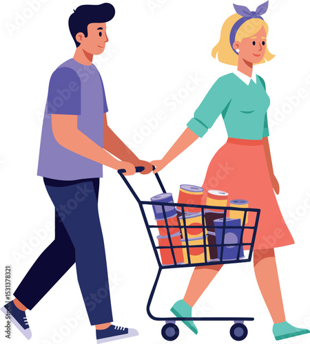 Young couple pushing shopping cart with groceries in casual outfits vector illustration 