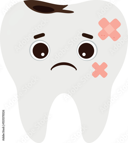 Sad tooth with cavity and bandages dental health concept vector illustration 