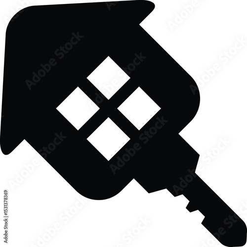 Home key symbol: A graphic representation of a home-shaped key, symbolizing property and security, it conveys themes of real estate, home ownership, and the keys to your dreams.