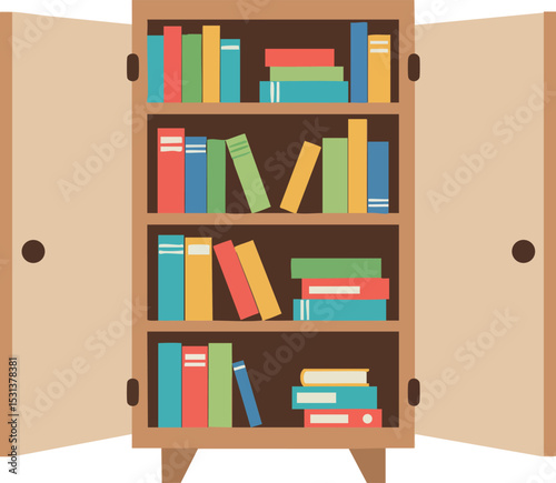 Open wooden bookshelf filled with colorful books vector illustration interior furniture storage 