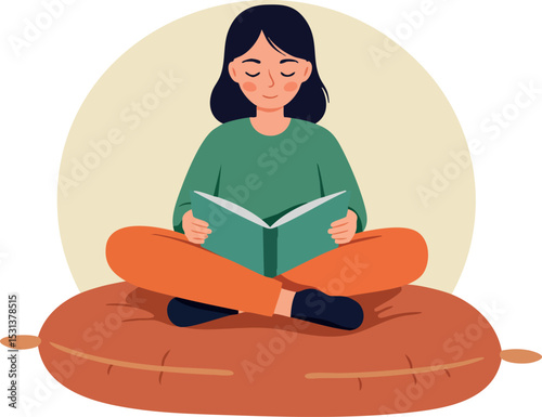 Woman sitting cross-legged reading book on cushion vector illustration calm learning activity 