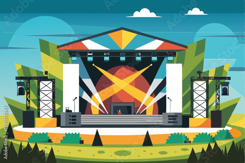 Colorful cartoon illustration of a concert stage outdoors ready for a music performance