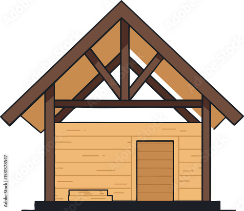 Wooden cabin house with brown roof and timber frame architectural vector illustration 