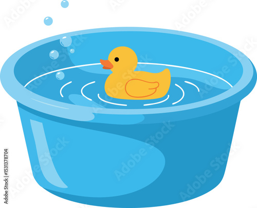 Yellow rubber duck floating in blue water basin vector illustration 