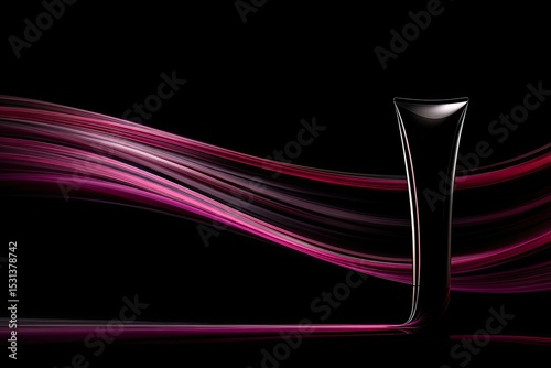 Dark, elegant cosmetic tube, surrounded by swirling, pink-purple light trails on black background