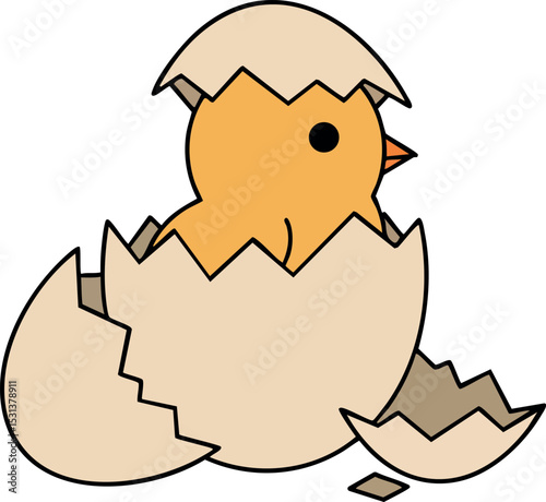 Cute baby chick hatching from broken eggshell vector illustration in simple style 