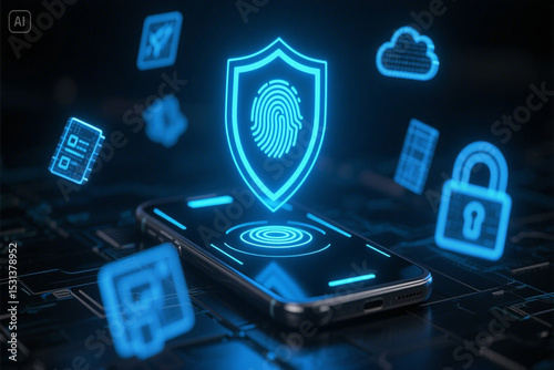 Futuristic smartphone security concept with fingerprint shield and digital data protection icons