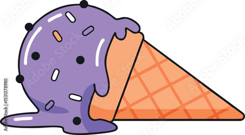 Melting purple ice cream cone with sprinkles vector illustration dessert treat 