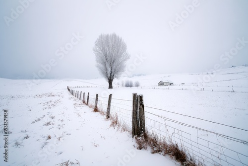 Frosted winter landscape with a lone tree and fence