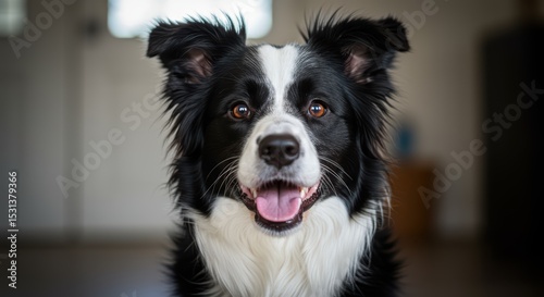 An Adorable Border Collie Displaying Its Playful Side with Happiness and Showing Off Its Gorgeous Fluffy Black and White Coat