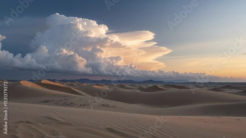 4K Timelapse of Rolling White Puffy Clouds Over Desert Sand Dunes at Sunset