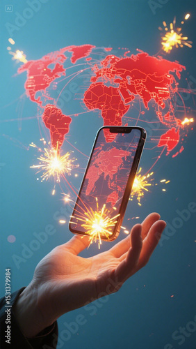 Smartphone displaying global connectivity with sparkling effects and futuristic technology concept