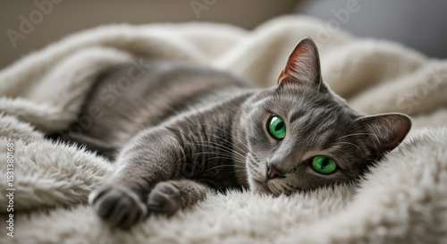 A Gray Cat with Mesmerizing Green Eyes Poses on a Luxurious Fluffy Blanket in a Serene Indoor Setting