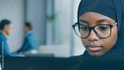 Young African American woman in hijab with eyeglasses in front of laptop monitor in office. A close-up of the young African American woman in hijab and glasses reveals her concentration at the office.