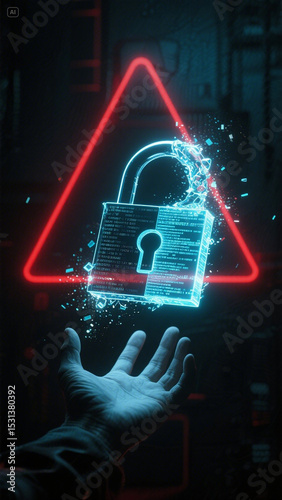 Cyber security concept depicting a glowing padlock and glowing warning symbol with reaching hand