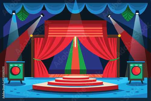 Colorful stage with red curtains and spotlight for performance or presentation