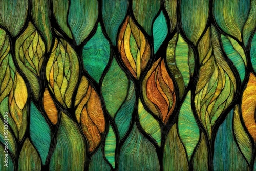 Stained glass pattern of overlapping leaves in teal, gold, and brown