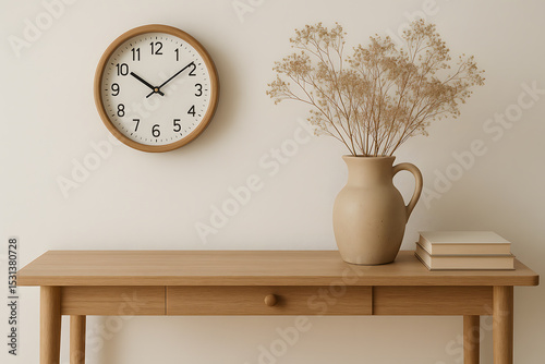Minimalist Interior with a Clock, Vase of Dried Flowers, and Books on a Wooden Table, a Simple and Elegant Home Decor Design photo