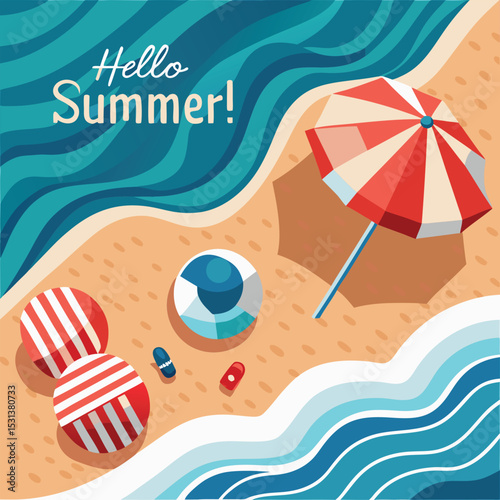 Colorful summer beach scene with beach ball umbrella and hello summer text