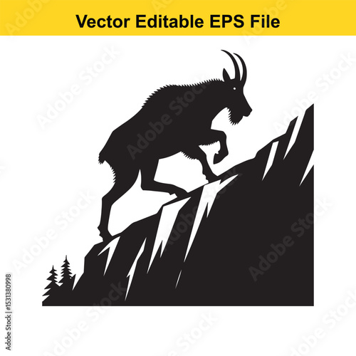 Silhouette of a Majestic Ibex Standing Firmly on a Rocky Cliff Edge An Emblem of Strength and Resilience