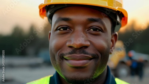 Smiling male African American supervisor or engineer with clipboard on construction site. With a positive outlook, he leads the team, using his clipboard to manage progress.