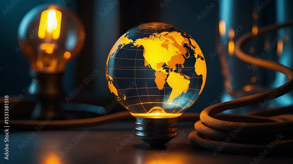 Glowing Globe Light Bulb with World Map Inside on Desk with Cables and Warm Light