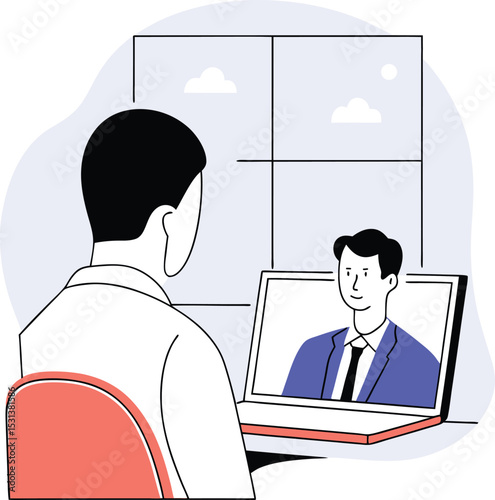 An online video interview, a team meeting, e-learning training, a job interview, a talk with a colleague, a conference call, or a businessman talking on a laptop computer online