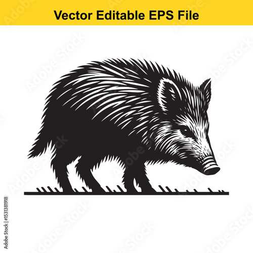 A Monochrome Illustration of a Javelina Foraging in its Native Environment with Vector Editable EPS File Indicator