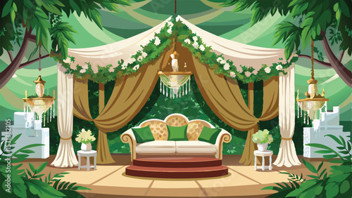 Elegant outdoor wedding stage illustration with floral decorations and romantic ambiance