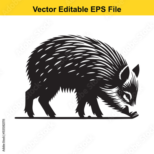 A Monochrome Illustration of a Javelina Foraging in its Native Environment with Vector Editable EPS File Indicator