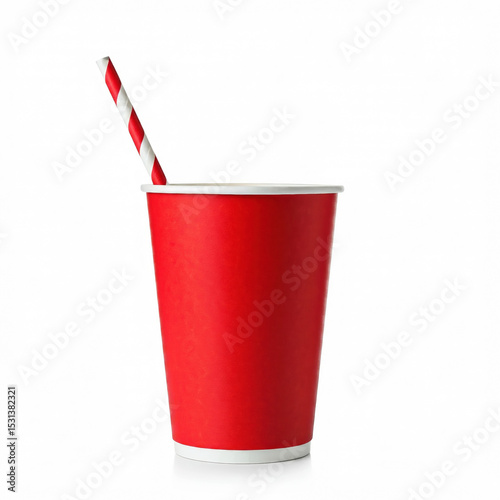 Paper glass with straw on white background