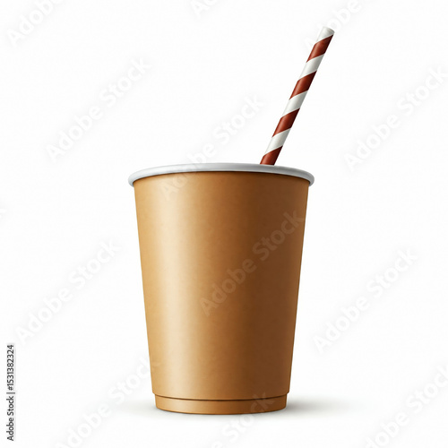 Paper glass with straw on white background