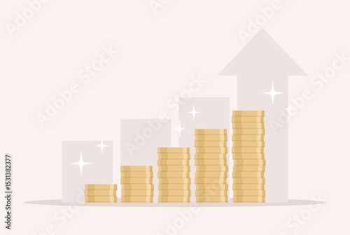Stacks of gold coins growing against a backdrop of a graph on a beige background. Flat vector illustration