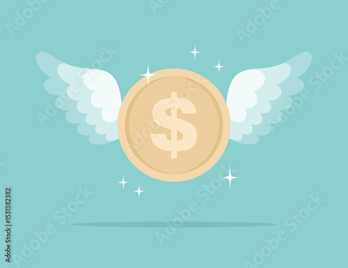 Flying gold coin with wings on a green background. Flat vector illustration
