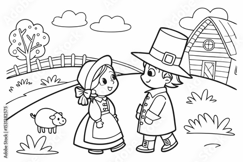 Pilgrim girl and boy holding hands on farm background outline coloring page. Thanksgiving hand drawn colouring