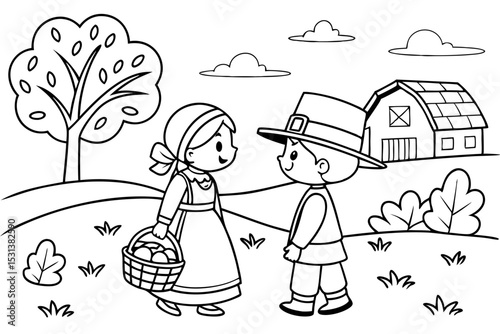 Pilgrim girl and boy holding hands on farm background outline coloring page. Thanksgiving hand drawn colouring