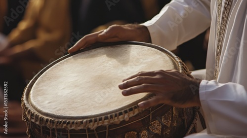 A person playing a drum with hands resting on the drumhead