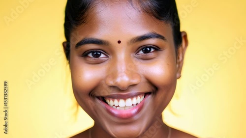 Close-up view of a smiling Indian woman on a yellow background. The woman's joyful demeanor captures the essence of happiness, brightening any viewer's day.