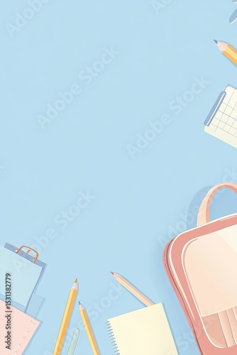 Pastel-toned school supplies arranged in a corner composition on a light-blue background