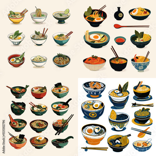 Various illustrated noodle soup bowls with chopsticks and toppings in vibrant style. Great for culinary posters, food packaging, and Asian cuisine promotions.

