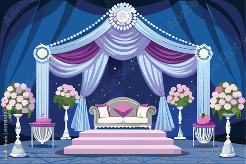 Elegant wedding stage design with draped curtains floral decorations and comfortable sofa