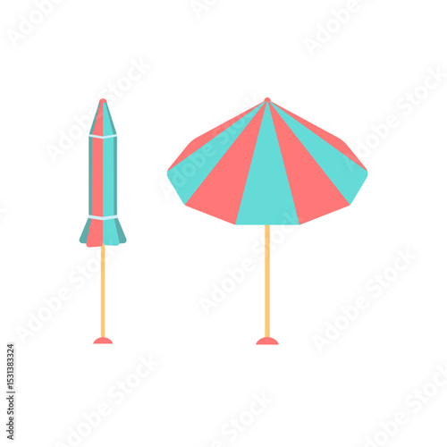 Striped beach umbrella vector illustration. Folded and open parasol isolated on white background. Summer accessory for vacation, seaside relaxation, sun protection, hotel pool in flat cartoon style