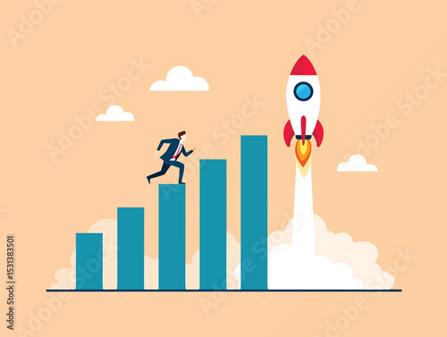 Business Growth  Man Climbing Chart Towards Launching Rocket Startup Success
