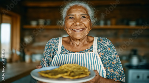Elderly Native American Indigenous Navajo woman holding a plate of freshly made Indian Fry Bread, copy space